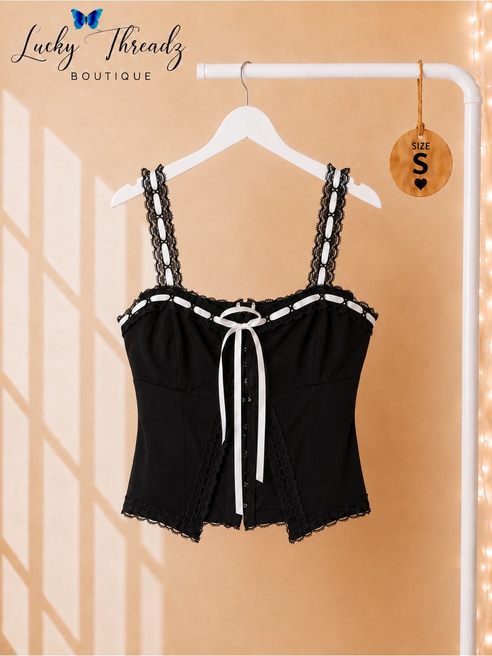 Windsor Black Lace Coquette Cami Top White Ribbon Tie Hook Eye Corset S
